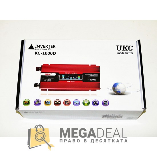 Инвертор на напрежение UKC KC-1000D, 12V - 220V, 1000W, LCD дисплей