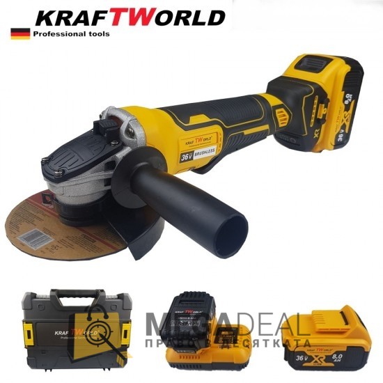 Безчетков акумулаторен ъглошлайф Kraftworld с 2 батерии 36V 8ah със зарядно и куфар